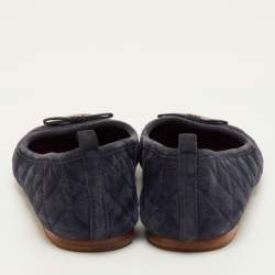 Pre Owned CH Carolina Herrera Bow Cap Toe Size 38 Navy Blue Quilted Suede and Leather Ballet Flats