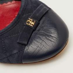 Pre Owned CH Carolina Herrera Bow Cap Toe Size 38 Navy Blue Quilted Suede and Leather Ballet Flats