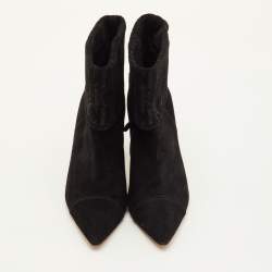 Pre Owned CH Carolina Herrera Logo Embossed Size 37 Black Suede Pointed Toe Ankle Length Boots