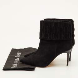 Pre Owned CH Carolina Herrera Logo Embossed Size 37 Black Suede Pointed Toe Ankle Length Boots