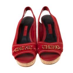 Pre Owned Carolina Herrera Red Suede Peep Toe Slingback Sandals Size 37