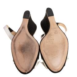 Pre Owned صندل كارولينا هيريرا كعب روكى إسبادريل فيونكة مقدمة مفتوحة جلد لامع وجلد أبيض / أسود مقاس 38