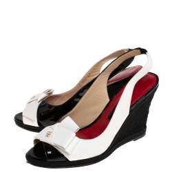 Pre Owned صندل كارولينا هيريرا كعب روكى إسبادريل فيونكة مقدمة مفتوحة جلد لامع وجلد أبيض / أسود مقاس 38