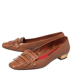 Pre Owned CH Carolina Herrera Brown Logo Embellished Fringe Detail Loafers Size 41