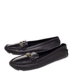 Pre Owned CH Carolina Herrera Black Leather Logo Embellished Slip On Loafers Size 38