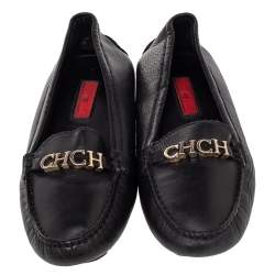 Pre Owned CH Carolina Herrera Black Leather Logo Embellished Slip On Loafers Size 38