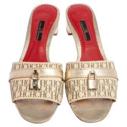 Pre Owned CH Carolina Herrera Beige Monogram Leather Traveller Locked Slide Sandals Size 39