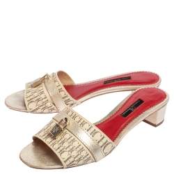 Pre Owned CH Carolina Herrera Beige Monogram Leather Traveller Locked Slide Sandals Size 39