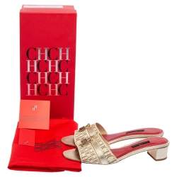 Pre Owned CH Carolina Herrera Beige Monogram Leather Traveller Locked Slide Sandals Size 39