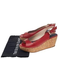 Pre Owned CH Carolina Herrera Red Leather Cork Wedge Platform Peep Toe Slingback Sandals Size 37