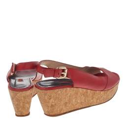 Pre Owned CH Carolina Herrera Red Leather Cork Wedge Platform Peep Toe Slingback Sandals Size 37