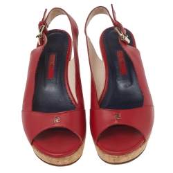Pre Owned CH Carolina Herrera Red Leather Cork Wedge Platform Peep Toe Slingback Sandals Size 37