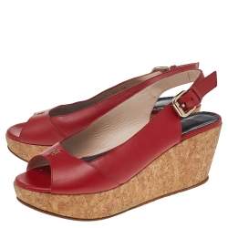 Pre Owned CH Carolina Herrera Red Leather Cork Wedge Platform Peep Toe Slingback Sandals Size 37