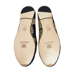 Pre Owned CH Carolina Herrera Black/Gold Brocade Fabric Smoking Slippers Size 37