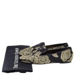 Pre Owned CH Carolina Herrera Black/Gold Brocade Fabric Smoking Slippers Size 37