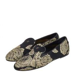 Pre Owned CH Carolina Herrera Black/Gold Brocade Fabric Smoking Slippers Size 37