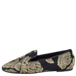Pre Owned CH Carolina Herrera Black/Gold Brocade Fabric Smoking Slippers Size 37