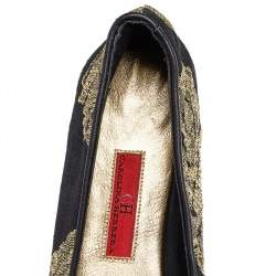 Pre Owned CH Carolina Herrera Black/Gold Brocade Fabric Smoking Slippers Size 37