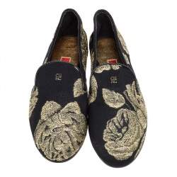 Pre Owned CH Carolina Herrera Black/Gold Brocade Fabric Smoking Slippers Size 37