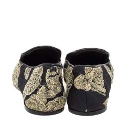 Pre Owned CH Carolina Herrera Black/Gold Brocade Fabric Smoking Slippers Size 37