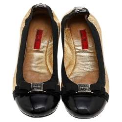 Pre Owned CH Carolina Herrera Gold/Black Leather Bow Ballet Flats Size 38