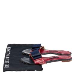 Pre Owned CH Carolina Herrera Red/Blue Leather And Fabric Bow Detail Flat Sandals Size 36