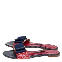 Pre Owned CH Carolina Herrera Red/Blue Leather And Fabric Bow Detail Flat Sandals Size 36