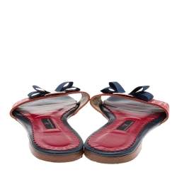Pre Owned CH Carolina Herrera Red/Blue Leather And Fabric Bow Detail Flat Sandals Size 36