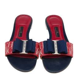 Pre Owned CH Carolina Herrera Red/Blue Leather And Fabric Bow Detail Flat Sandals Size 36