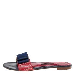 Pre Owned CH Carolina Herrera Red/Blue Leather And Fabric Bow Detail Flat Sandals Size 36