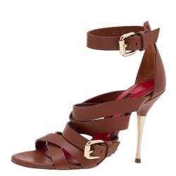 Pre Owned CH Carolina Herrera Brown Leather Ankle Cuff Strappy Sandals Size 37
