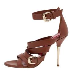 Pre Owned CH Carolina Herrera Brown Leather Ankle Cuff Strappy Sandals Size 37