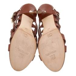 Pre Owned CH Carolina Herrera Brown Leather Ankle Cuff Strappy Sandals Size 37