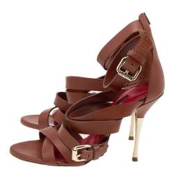 Pre Owned CH Carolina Herrera Brown Leather Ankle Cuff Strappy Sandals Size 37