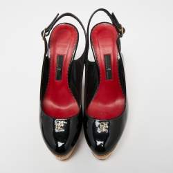 Pre Owned صندل سي إتش كارولينا هيريرا جلد أسود لامع نعل سميك كعب روكي بحزام خلفي للكاحل مقاس 38