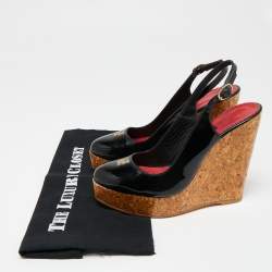 Pre Owned صندل سي إتش كارولينا هيريرا جلد أسود لامع نعل سميك كعب روكي بحزام خلفي للكاحل مقاس 38