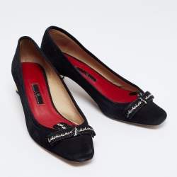 Pre Owned CH Carolina Herrera Black Suede Bow Block Heel Pumps Size 37