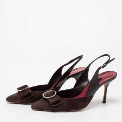 Pre Owned CH Carolina Herrera Brown Suede And Leather Bow Slingback Sandals Size 39