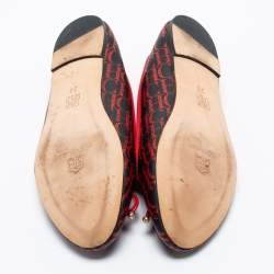 Pre Owned CH Carolina Herrera Black/Red Monogram Coated Canvas Bow Ballet Flats Size 38