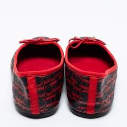 Pre Owned CH Carolina Herrera Black/Red Monogram Coated Canvas Bow Ballet Flats Size 38