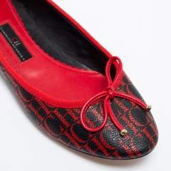 Pre Owned CH Carolina Herrera Black/Red Monogram Coated Canvas Bow Ballet Flats Size 38
