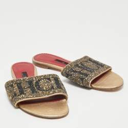 Pre Owned CH Carolina Herrera Metallic Gold Leather Crystal Embellished Flat Slide Sandals Size 39