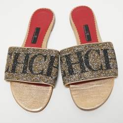 Pre Owned CH Carolina Herrera Metallic Gold Leather Crystal Embellished Flat Slide Sandals Size 39