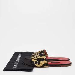 Pre Owned CH Carolina Herrera Black/Gold Logo Embroidered Satin Flat Slides Size 39