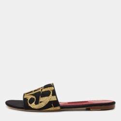 Pre Owned CH Carolina Herrera Black/Gold Logo Embroidered Satin Flat Slides Size 39