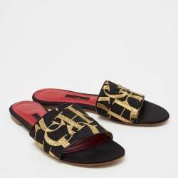 Pre Owned CH Carolina Herrera Black/Gold Logo Embroidered Satin Flat Slides Size 39