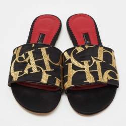 Pre Owned CH Carolina Herrera Black/Gold Logo Embroidered Satin Flat Slides Size 39