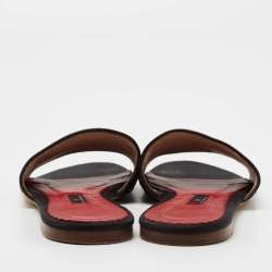 Pre Owned CH Carolina Herrera Black/Gold Logo Embroidered Satin Flat Slides Size 39