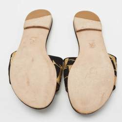 Pre Owned CH Carolina Herrera Black/Gold Logo Embroidered Satin Flat Slides Size 39