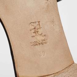 Pre Owned CH Carolina Herrera Black/Gold Logo Embroidered Satin Flat Slides Size 39